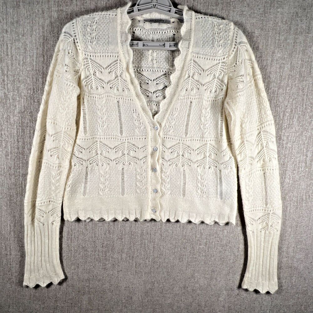 AllSaints Vanessa Cardigan in Chalk White Medium Pointelle Alpaca Wool Feminine